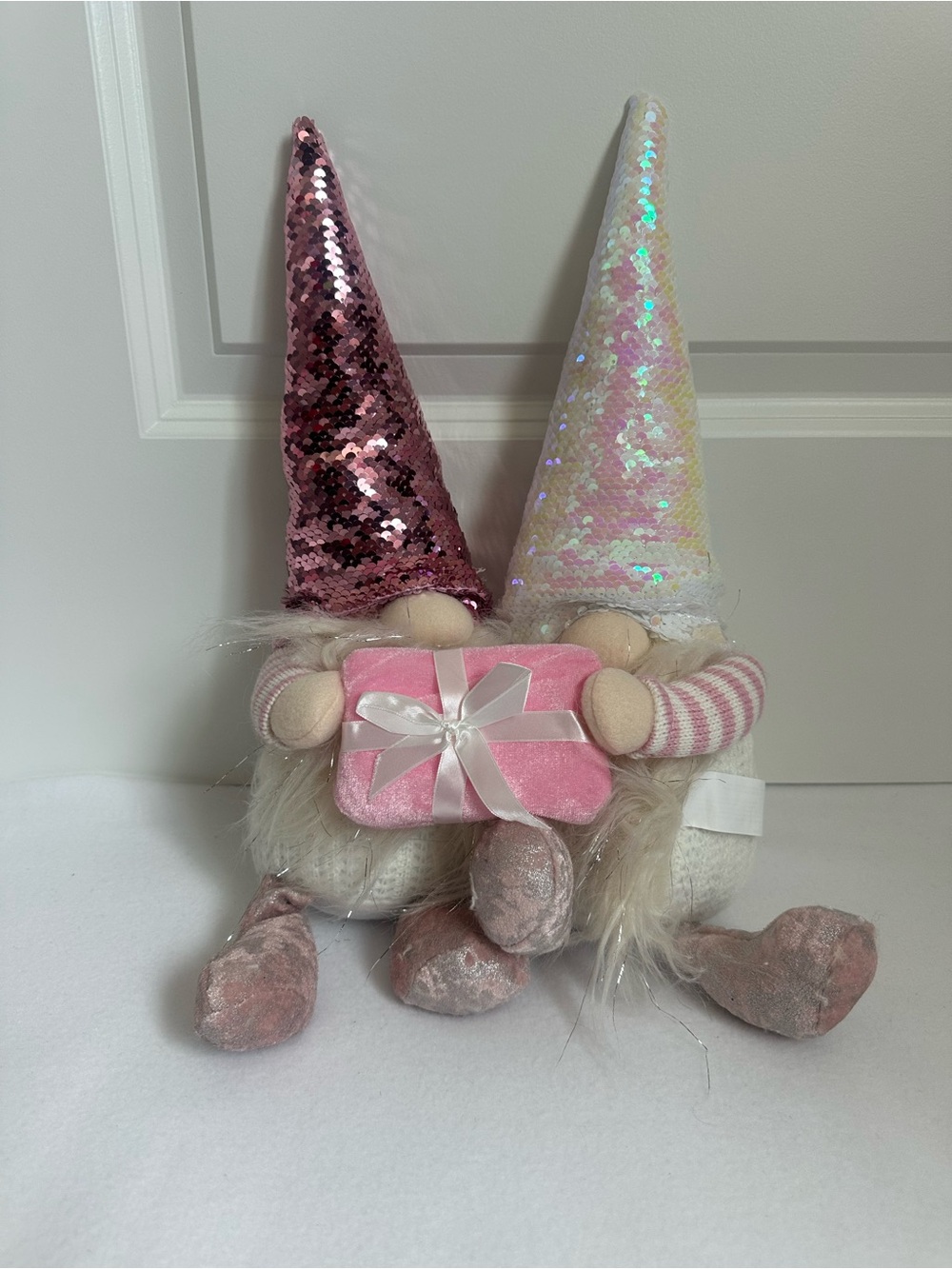 Source Unknown Pink and Iridescent Sequin Gnome Pair Plush Decor
